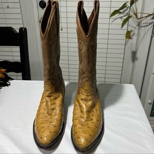 Tony Lama Tan and Brown Ostrich Cowboy Boots